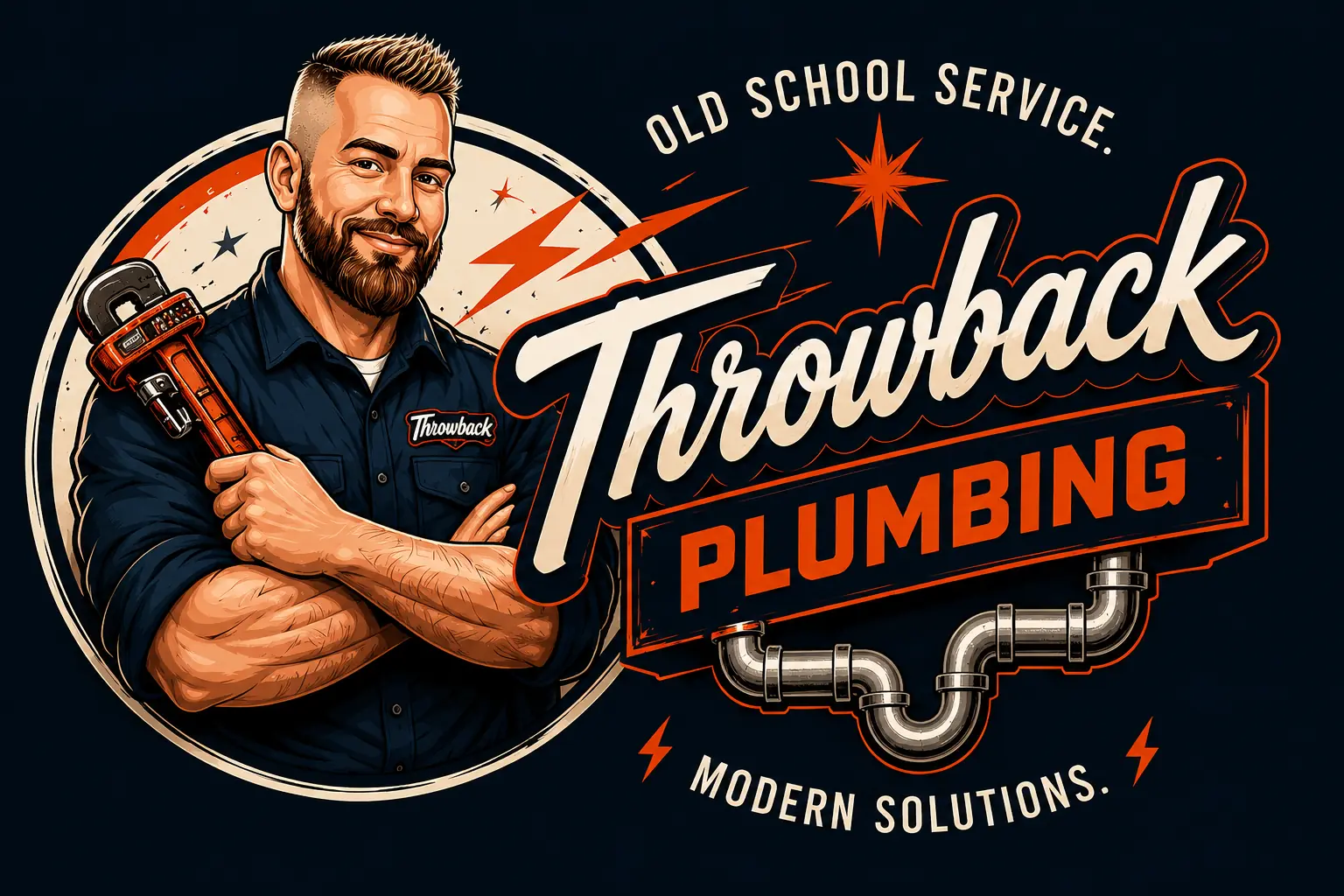 Throwback Plumbing logo with plumber illustration