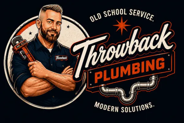Throwback Plumbing logo with plumber illustration