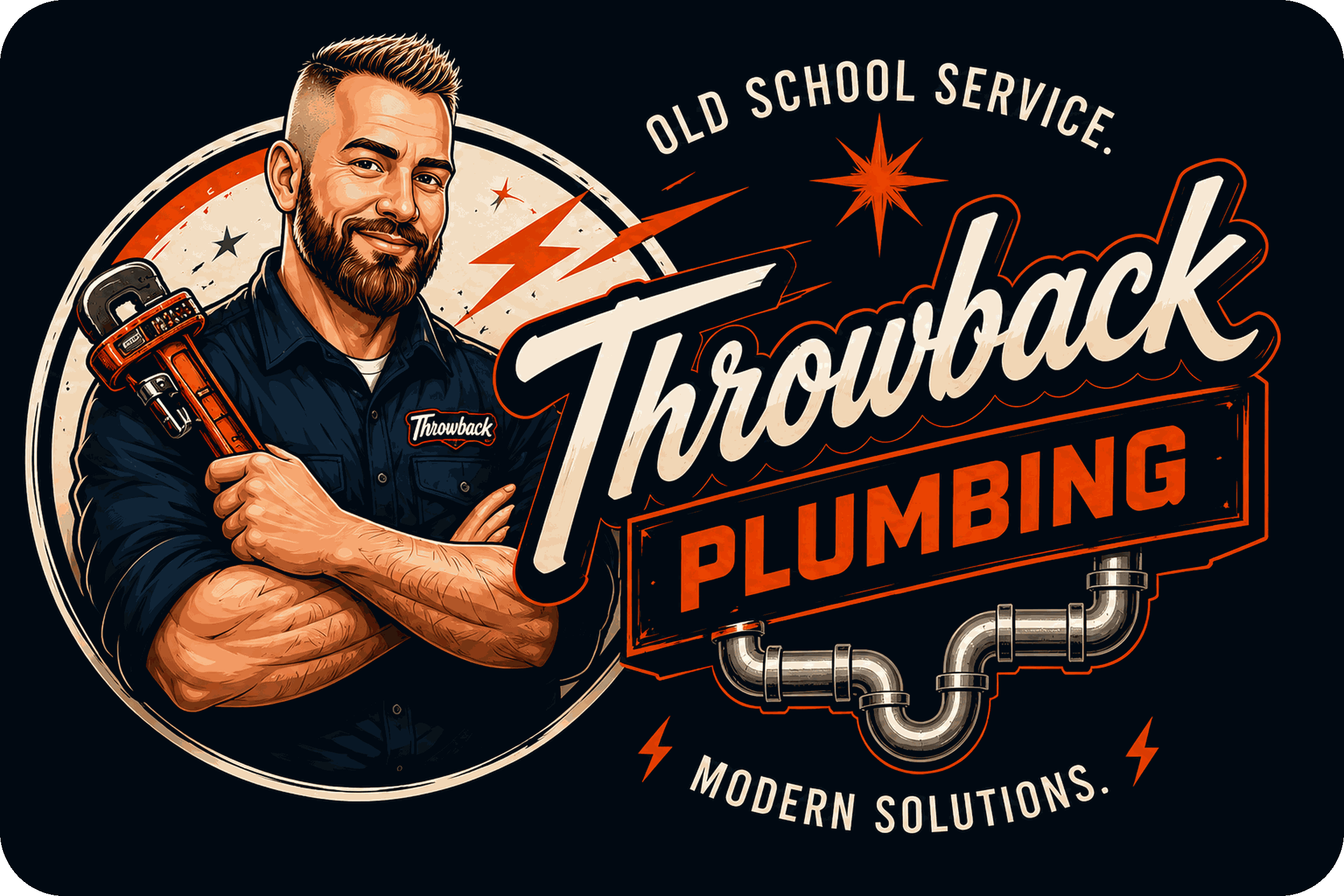 Throwback Plumbing logo with plumber illustration